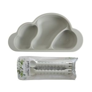 Infant Grey Cloud Divided Suction Plate Food-Grade Silicone Fork & Spoon Utensil